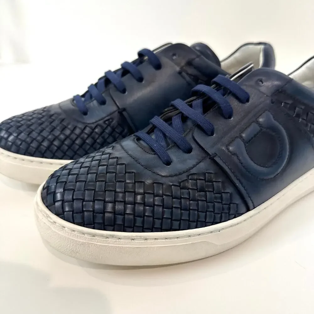 Salvatore Ferragamo Gancio Navy Blue Woven Low Top Sneaker 11 White Sole Shoes